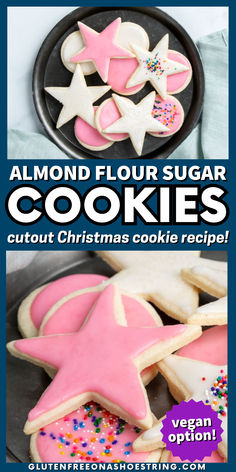 a round plate with cutout cookies in the shapes of circles and stars some with white icing and sprinkles and some with light pink icing Gluten Free Sugar Cookies Almond Flour, Dairy Free Gluten Free Christmas Cookies, Oat Flour Christmas Cookies, Vegan Gf Christmas Cookies, Almond Flour Christmas Desserts, Sugar Free Holiday Treats, Gluten Free Christmas Cookies Recipes Almond Flour, Gluten Free Christmas Treats For Kids, Holiday Treats Gluten Free