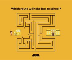 a yellow poster with an image of a school bus and the words which route will take us to school?