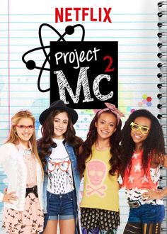 the poster for project mc is shown in front of a spiral notebook with two girls