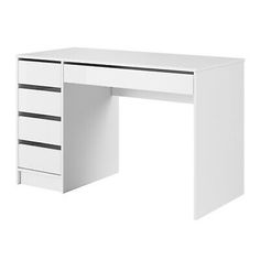 a white desk with five drawers on the bottom and one drawer at the top that is open