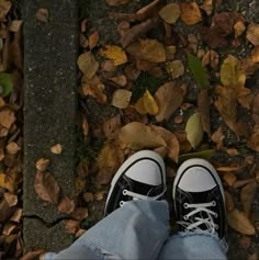 someone's feet in black and white tennis shoes on the ground surrounded by leaves