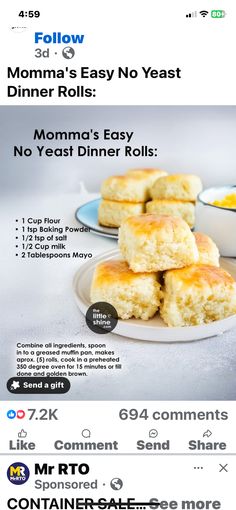 the menu for mom's easy no yeast dinner rolls is shown in this ad