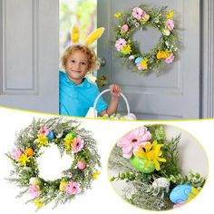 a little boy sitting in front of a door next to a wreath with flowers on it