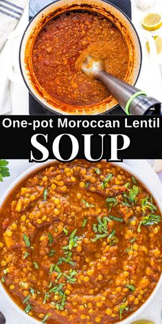 one pot moroccan lentil soup in a white bowl