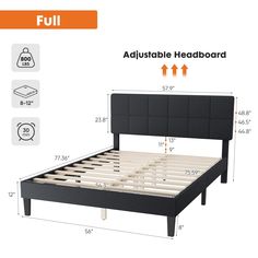 full size bed frame with adjustable headboard and foot board, measurements for the mattress