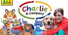 a woman sitting on the ground with her dog in front of cartoon characters and an advertisement for charlie & company