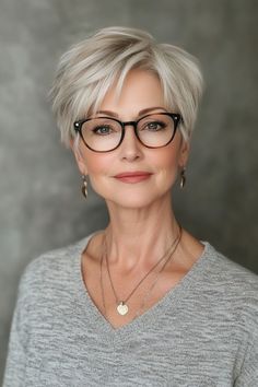 Click for More ➡️ | Save for Later ❤️  This icy blonde choppy pixie cut is all about texture and style. The choppy layers give a modern, playful feel, while the icy blonde color adds a touch of sophistication. Perfect for those with fine hair looking for volume. (Icy Blonde Choppy Pixie - Short Hairstyles For Women Over 60 With Glasses) Short Hair With Quiff Woman, Short Hair For Glasses Wearers, Short Gray Hair With Bangs, Pixie Blonde Hair With Dark Roots, Short Blonde Hairstyles Pixie, Short Hair For 50 Year Old Women, Textured Pixie Cut For Fine Hair, Pixie Cut Chubby Face, Short Haircuts For Fine Flat Hair