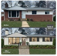 before and after pictures of a brick ranch house