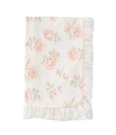 a white blanket with pink roses on it and ruffles around the edges, against a white background