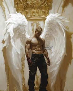 a painting of a man with large white wings