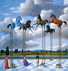 a painting of horses standing on top of ladders in front of a sky filled with clouds