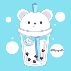 a cartoon bear in a cup filled with milk and chocolate candies on a blue background