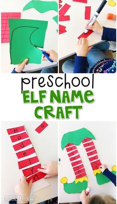 a collage of photos showing the steps to make an elf name craft for preschool