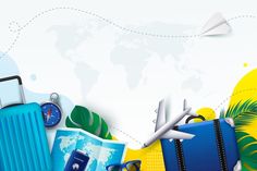 an image of luggage and travel items with world map in the background