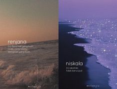 two different posters with the same ocean and cityscape in purple, blue, and pink