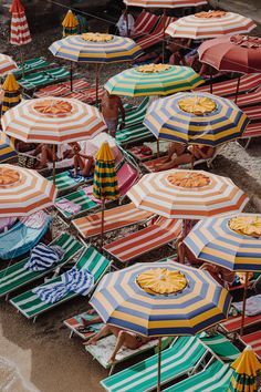 many beach chairs and umbrellas with people sitting under them