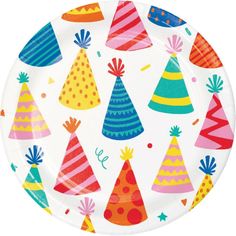 a paper plate with colorful party hats on it