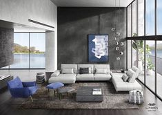 a modern living room with white furniture and large windows looking out onto the water in the distance