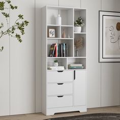 a white bookcase with drawers in a living room next to a potted plant