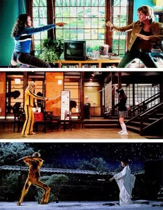 two different scenes from the same movie, one with a woman dancing and another with a man playing guitar