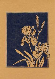 a blue and yellow drawing of flowers in a square frame on a brown paper background