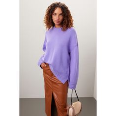 Brown knit (90% Wool, 10% Cashmere). Sweater. Long sleeves. Crewneck. Pull on. 25.5" from shoulder to hemline. Imported. Paper Bag Waist Pants, Front Tuck, Rent The Runway, Closet Designs, Waist Pants, Cashmere Sweater, Cashmere, Long Sleeves, High Waisted