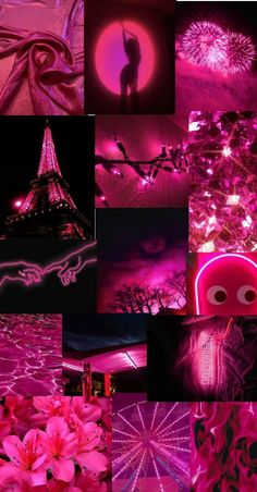 the collage shows pink and purple lights, flowers, and an eiffel tower