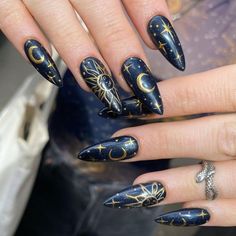 Gold Crescent Moon Nails, Fantasy Inspired Acrylic Nails, Moon Star Nails Design, Dark Blue Nails With Moon And Stars, Almond Nails Moon Design, Astrological Nail Art, Moon On Nails Art Designs, Fall Celestial Nails, Leo Constellation Nails