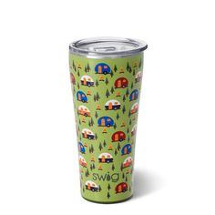 a green tumbler cup with campers and trees on it, printed with the word swig