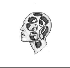 a black and white drawing of a human head