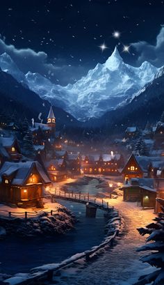 a snowy village at night with mountains in the background and snow falling on the ground