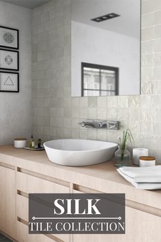 a white bowl sink sitting on top of a wooden counter next to a bathroom mirror