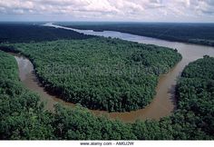 an aerial view of a river running through a forested area in the middle of nowhere