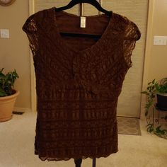 Cute Brown Lace Overlay Blouse With Brown Silky Lining, Nwot! Brown Lace Tops For Spring, Brown Fitted Lace Top, Fitted Brown Lace Top, Overlay Blouse, Lace Overlay, Top Blouse, Blouses, Womens Tops, Lace