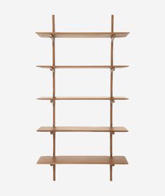 a wooden shelf with three shelves on each side and one is holding two bookshelves