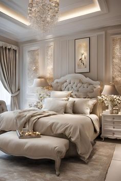 a large white bed sitting in a bedroom next to a chandelier and window