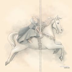 a drawing of a woman riding on the back of a white horse with a rope