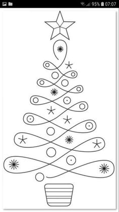 a christmas tree with stars and swirls on it, drawn in black and white