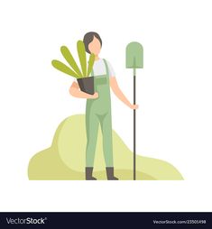 a man holding a potted plant and standing next to a tall green shovel on top of a hill