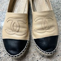 Authentic Chanel Espadrilles *Please See Photos Minor Scuff On Side Of One Shoe Comes With Box Dust Bag And Shoes Size 38 These Are Worn But Have Plenty Of Life Left In Them *No Returns *No Refunds Chanel Espadrilles, Chanel Shoes, Espadrille Shoes, Black And Tan, Espadrilles, Dust Bag, Chanel, Women Shoes, Black