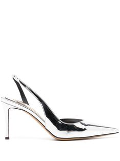 silver-tone leather metallic effect elasticated slingback strap high stiletto heel branded footbed pointed toe leather sole Alexandre Vauthier, Leather Pumps, Stiletto Heel, Pump Shoes, Stiletto Heels, Silver Tone, Pumps, Women Shoes, Heels