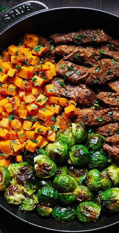 Garlic Butter Steak with Brussels Sprouts and Sweet Potatoes (or Butternut Squash) Fiber Veggies, Brussels Sprouts And Butternut Squash, Brussels Sprouts And Sweet Potatoes, Butter Steak, Garlic Butter Steak, Chicken Easy, Fall Dinner