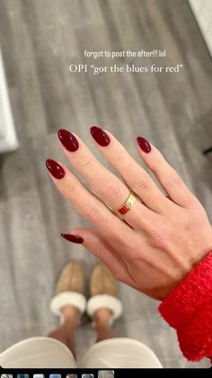 opi “got the blues for red” #fallnails #rednails #winenails #almondnails Deep Red Nails, Kutek Disney, Wine Nails, Simple Fall Nails, Pumpkin Nails, October Nails, Nagel Tips, Smink Inspiration, Work Nails