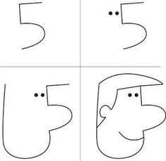 four different faces with the number five in each one's face, and two are drawn