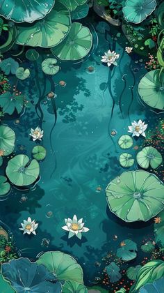 water lilies are floating in the pond