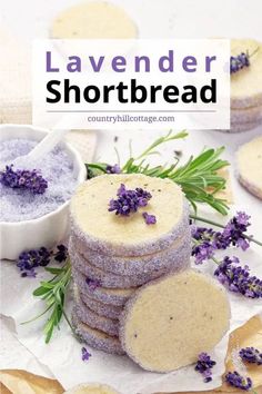 lavender shortbread cookies stacked on top of each other