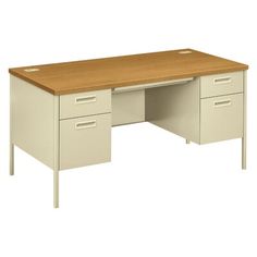 an office desk with two drawers and a file cabinet on one side, in light wood