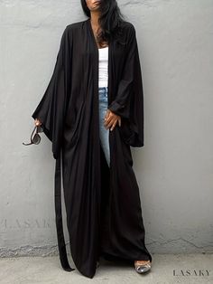 Lasaky - Womens Sun Protective Beach Robe: Solid Black Tie Belt Long Sleeve Cover Up Dress, Boho Minimalist Loose Fit - Ideal Swimwear & Clothing Pluse Size, Fall Chic, Beach Kimono, Casual Kimono, Boho Minimalist, Boho Kimono, Womens Kimono, Dress Boho, Beachwear For Women