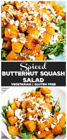 two pictures of butternut squash salad with goat cheese