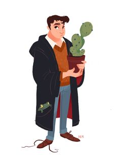 a man holding a potted cactus in his hand